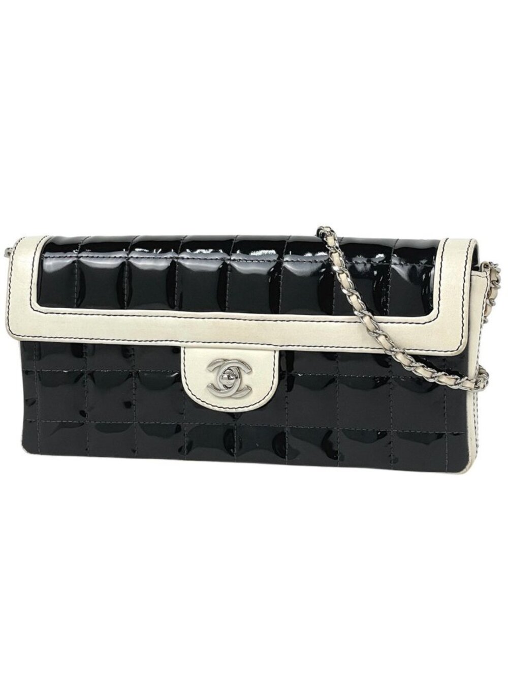 Chanel Choco Bar Chain Shoulder Bag Enamel Patent Leather Black White - Picture 1 of 11